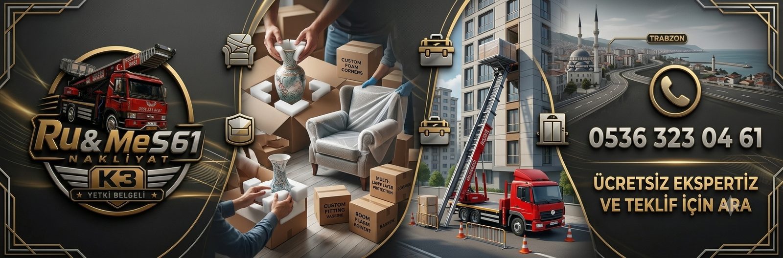 Ru&Mes61 Nakliyat — Profesyonel paketleme, asansörlü taşıma, ücretsiz ekspertiz